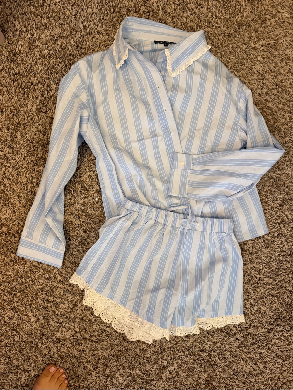 Blue Blush Light Blue & White Striped Girls Pajama Set with Lace Trim